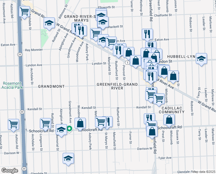 map of restaurants, bars, coffee shops, grocery stores, and more near 14257 Mansfield Street in Detroit