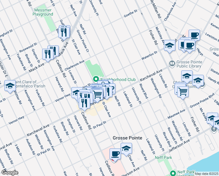 map of restaurants, bars, coffee shops, grocery stores, and more near 634 Neff Road in Grosse Pointe
