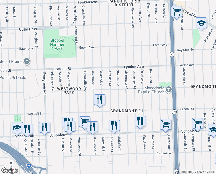 map of restaurants, bars, coffee shops, grocery stores, and more near 14313 Artesian Street in Detroit