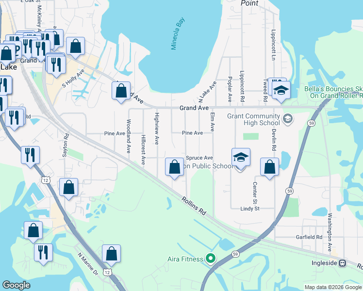 map of restaurants, bars, coffee shops, grocery stores, and more near 33 South Maple Avenue in Fox Lake
