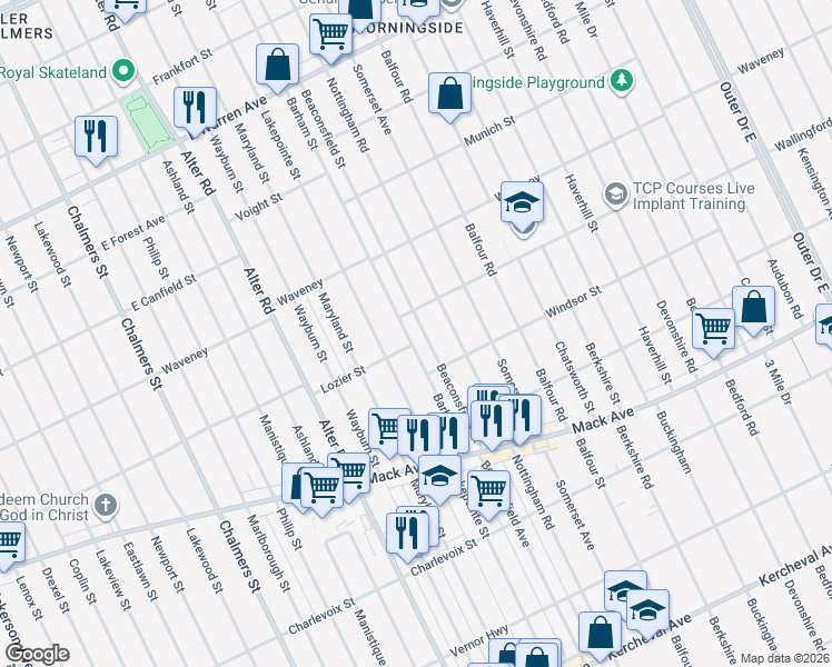 map of restaurants, bars, coffee shops, grocery stores, and more near 3975 Beaconsfield Street in Detroit
