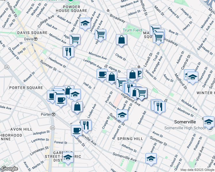 map of restaurants, bars, coffee shops, grocery stores, and more near 257 Highland Avenue in Somerville