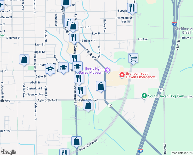 map of restaurants, bars, coffee shops, grocery stores, and more near 950 South Bailey Avenue in South Haven