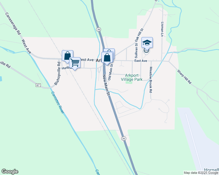 map of restaurants, bars, coffee shops, grocery stores, and more near 1 Oliver Street in Arkport