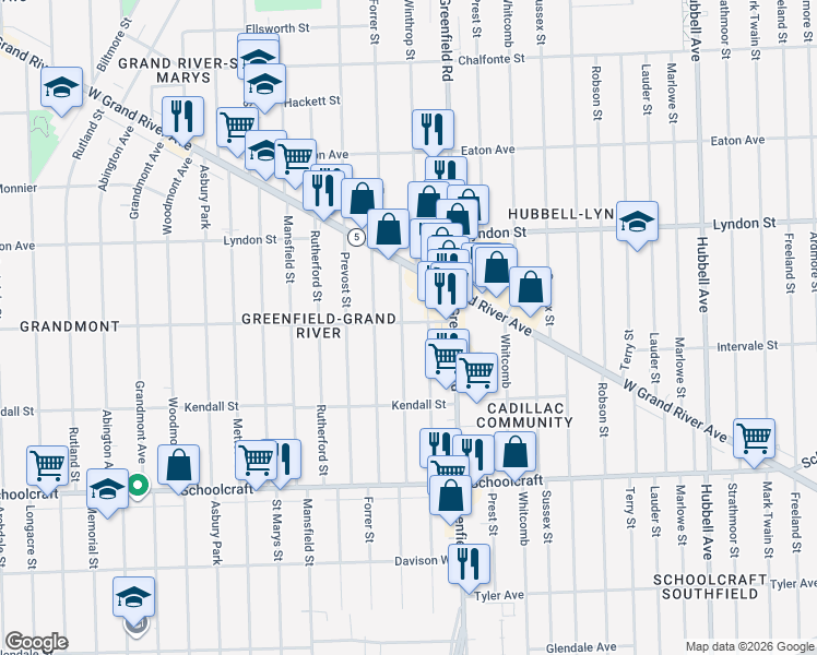 map of restaurants, bars, coffee shops, grocery stores, and more near 14256 Montrose Street in Detroit