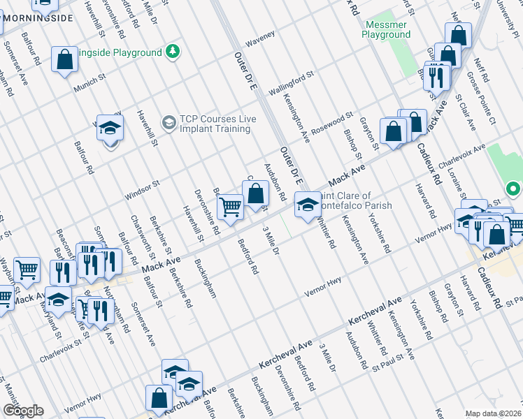 map of restaurants, bars, coffee shops, grocery stores, and more near 3431 Courville Street in Detroit