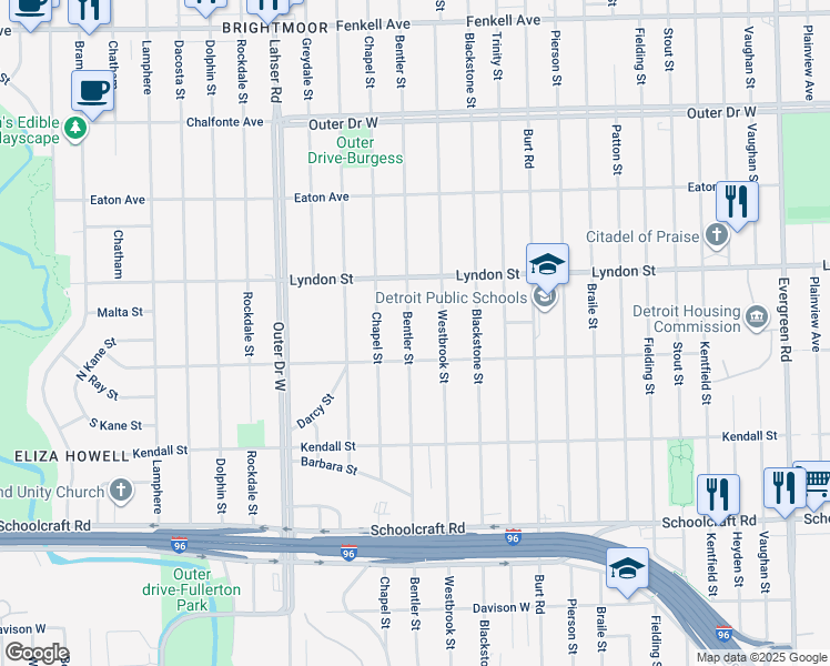 map of restaurants, bars, coffee shops, grocery stores, and more near 14350 Bentler Street in Detroit