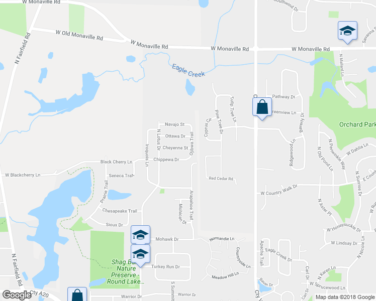 map of restaurants, bars, coffee shops, grocery stores, and more near 2386 Ojibwa Trail in Round Lake Heights