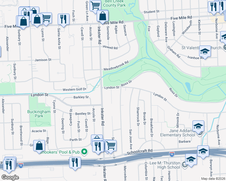 map of restaurants, bars, coffee shops, grocery stores, and more near 27251 Lyndon in Redford Charter Township