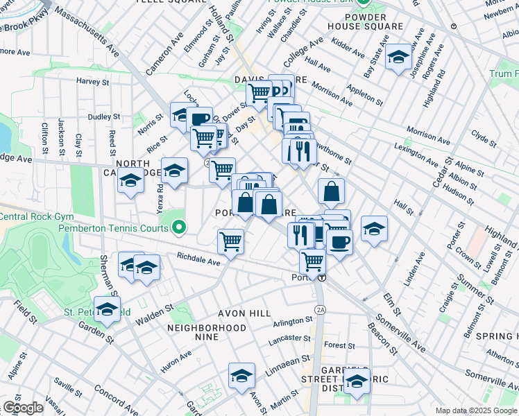 map of restaurants, bars, coffee shops, grocery stores, and more near 2055 Massachusetts Avenue in Cambridge