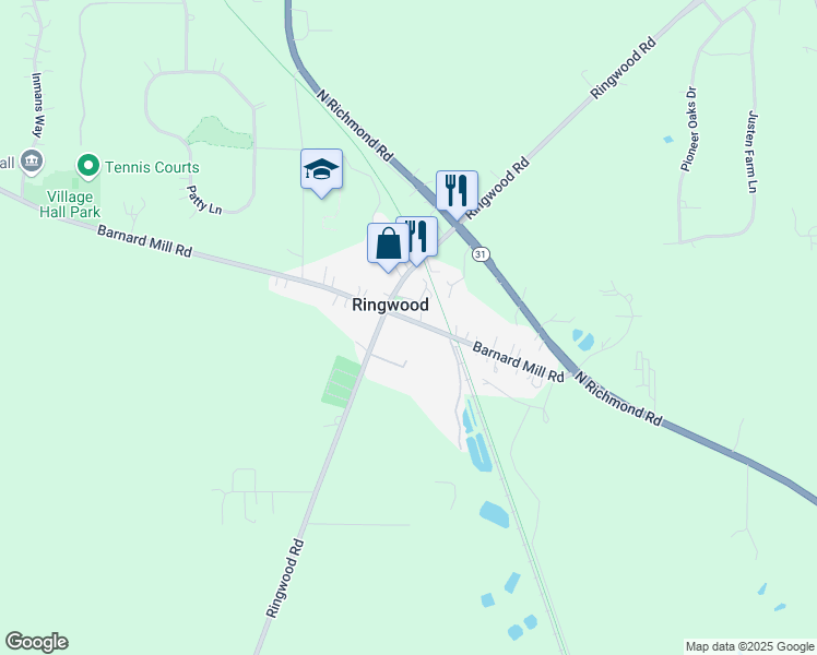 map of restaurants, bars, coffee shops, grocery stores, and more near 5019 Barnard Mill Road in Ringwood