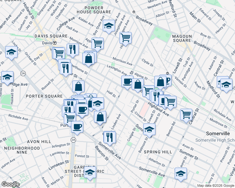 map of restaurants, bars, coffee shops, grocery stores, and more near 11 Hall Street in Somerville