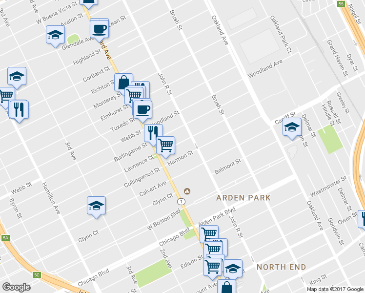 map of restaurants, bars, coffee shops, grocery stores, and more near 110 Rosedale Court in Detroit