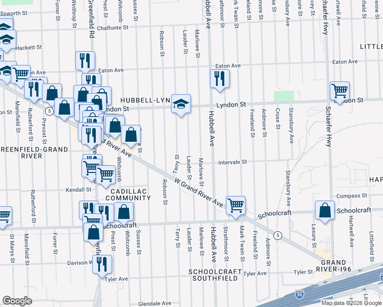 map of restaurants, bars, coffee shops, grocery stores, and more near 14240 Lauder Street in Detroit