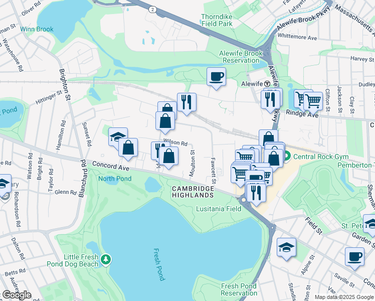 map of restaurants, bars, coffee shops, grocery stores, and more near 61 Moulton Street in Cambridge