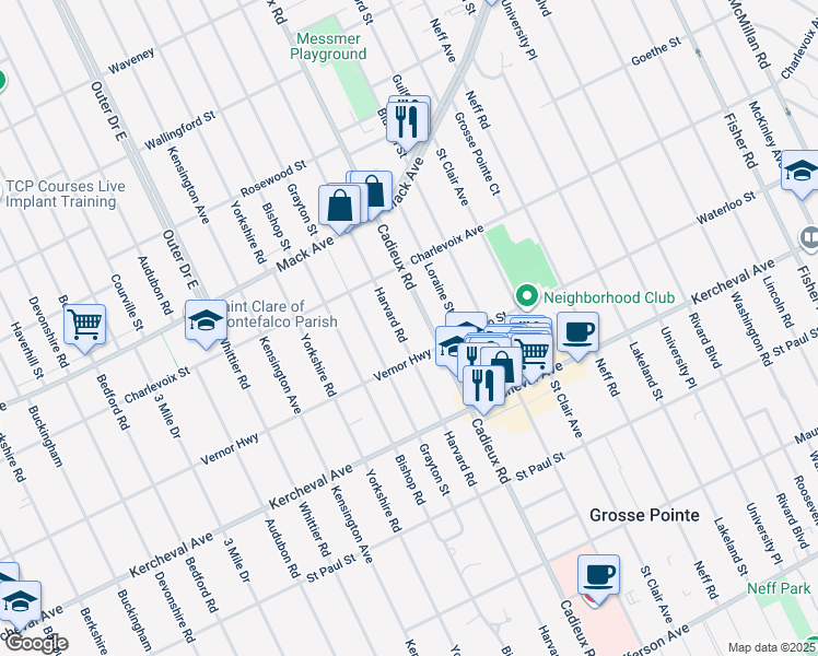 map of restaurants, bars, coffee shops, grocery stores, and more near 1332 Harvard Road in Grosse Pointe
