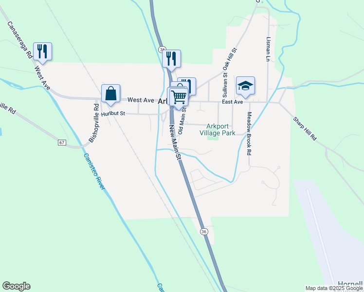 map of restaurants, bars, coffee shops, grocery stores, and more near 1 Oliver Street in Arkport