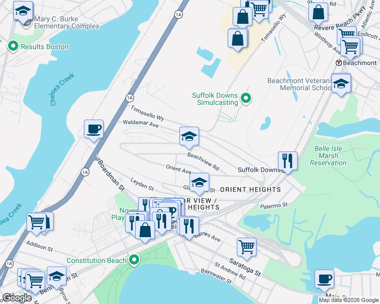 map of restaurants, bars, coffee shops, grocery stores, and more near 88 Beachview Road in Boston