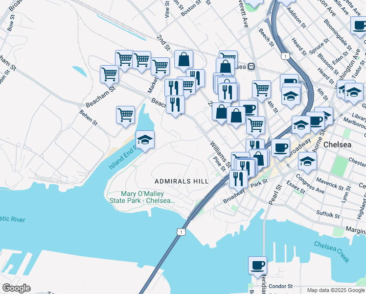 map of restaurants, bars, coffee shops, grocery stores, and more near 201 Captains Row in Chelsea
