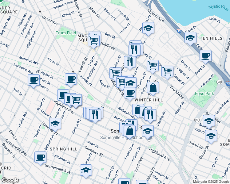 map of restaurants, bars, coffee shops, grocery stores, and more near 418 Medford Street in Somerville