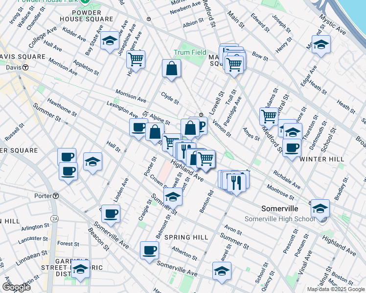 map of restaurants, bars, coffee shops, grocery stores, and more near 98 Albion Street in Somerville
