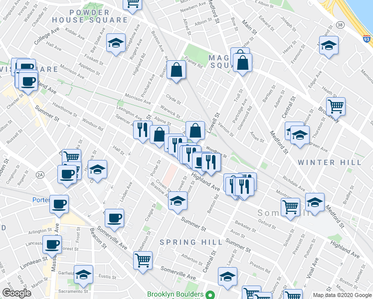 map of restaurants, bars, coffee shops, grocery stores, and more near 98 Albion Street in Somerville
