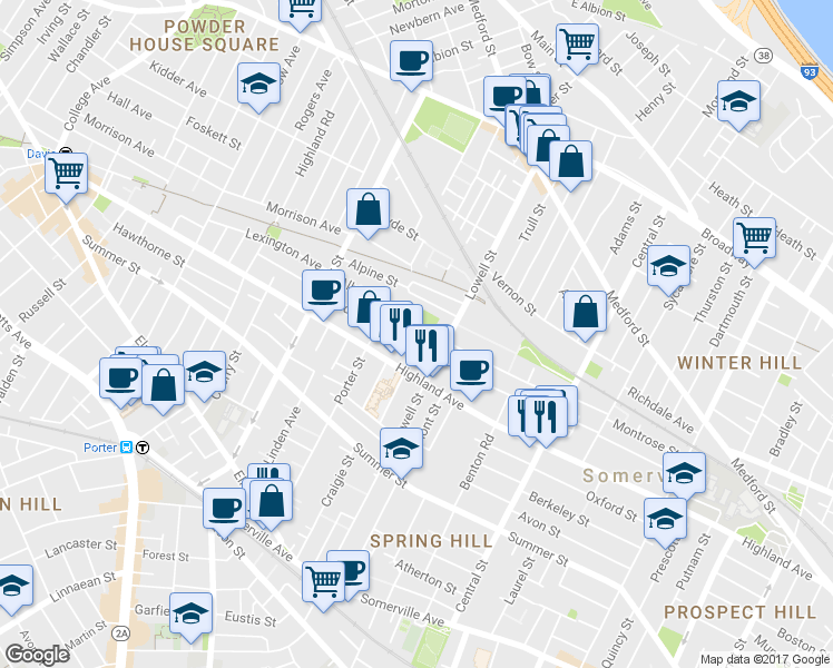 map of restaurants, bars, coffee shops, grocery stores, and more near 121 Hudson Street in Somerville