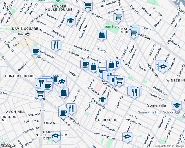 map of restaurants, bars, coffee shops, grocery stores, and more near 257 Highland Avenue in Somerville