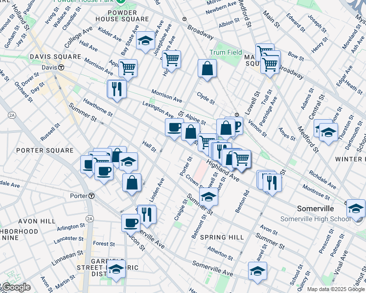 map of restaurants, bars, coffee shops, grocery stores, and more near 257 Highland Avenue in Somerville