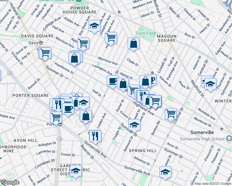 map of restaurants, bars, coffee shops, grocery stores, and more near 9 Eastman Road in Somerville