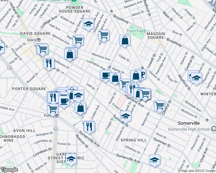 map of restaurants, bars, coffee shops, grocery stores, and more near 9 Eastman Road in Somerville