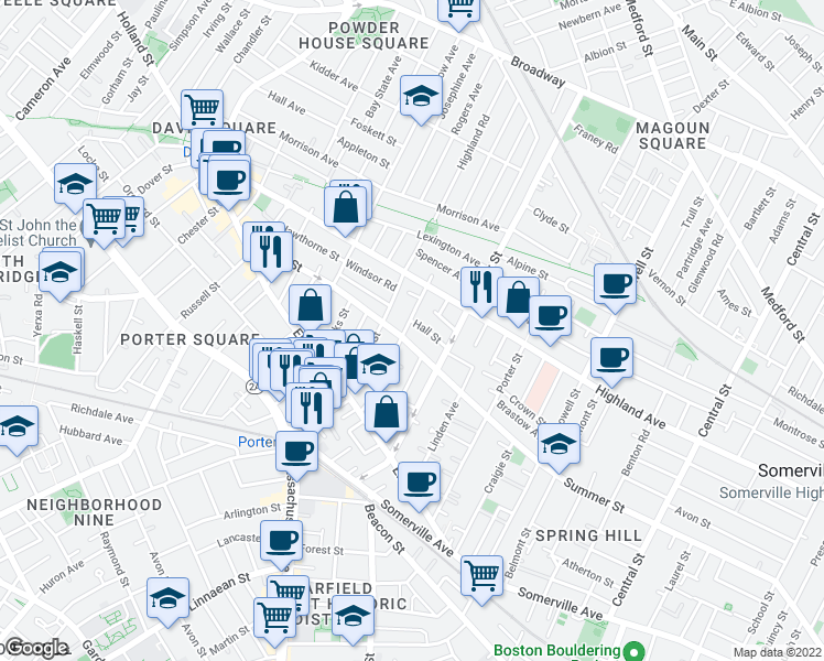 map of restaurants, bars, coffee shops, grocery stores, and more near 283 Summer Street in Somerville