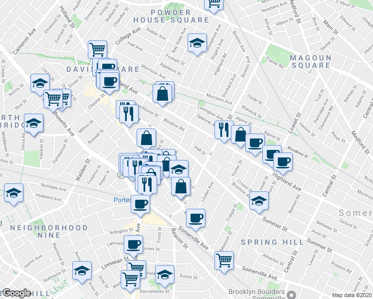 map of restaurants, bars, coffee shops, grocery stores, and more near 283 Summer Street in Somerville