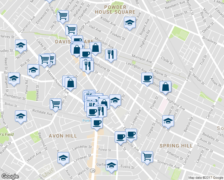 map of restaurants, bars, coffee shops, grocery stores, and more near 41 Burnside Avenue in Somerville