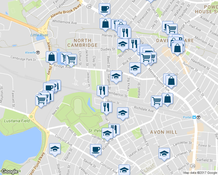 map of restaurants, bars, coffee shops, grocery stores, and more near 16 Notre Dame Avenue in Cambridge