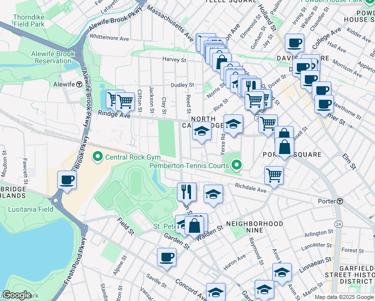 map of restaurants, bars, coffee shops, grocery stores, and more near 16 Notre Dame Avenue in Cambridge