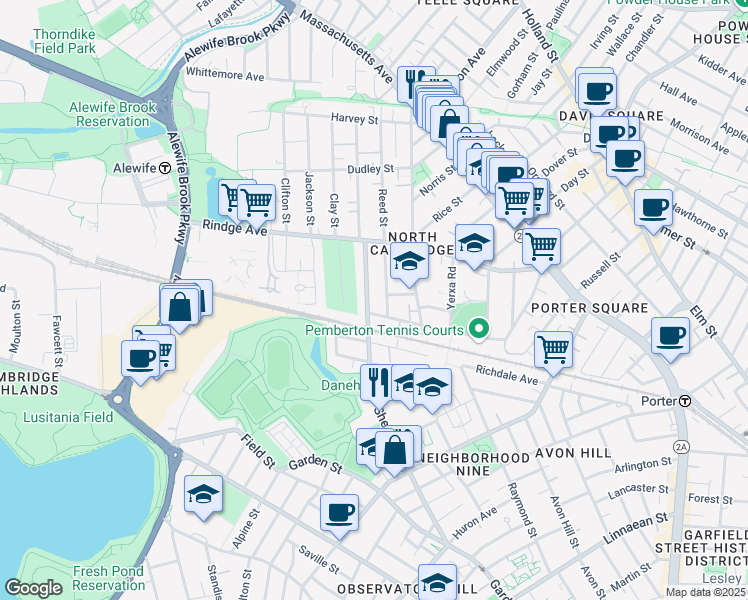 map of restaurants, bars, coffee shops, grocery stores, and more near 159 Sherman Street in Cambridge