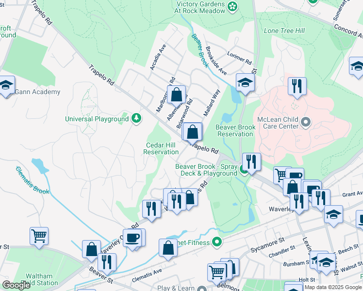 map of restaurants, bars, coffee shops, grocery stores, and more near 106 Shirley Road in Waltham
