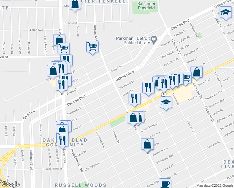 map of restaurants, bars, coffee shops, grocery stores, and more near in Detroit