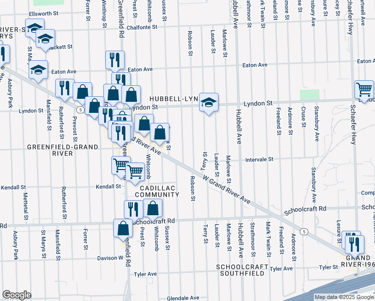 map of restaurants, bars, coffee shops, grocery stores, and more near 14252 Coyle Street in Detroit