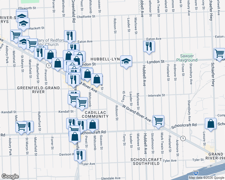 map of restaurants, bars, coffee shops, grocery stores, and more near 14252 Coyle Street in Detroit