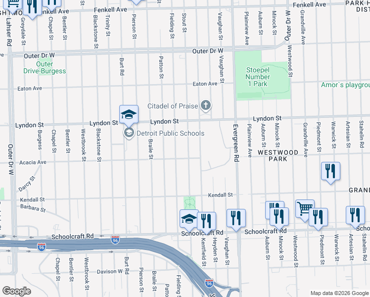 map of restaurants, bars, coffee shops, grocery stores, and more near 14334 Stout Street in Detroit