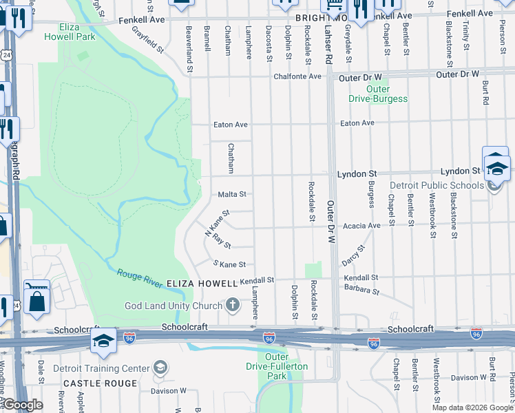 map of restaurants, bars, coffee shops, grocery stores, and more near 14357 Dacosta Street in Detroit