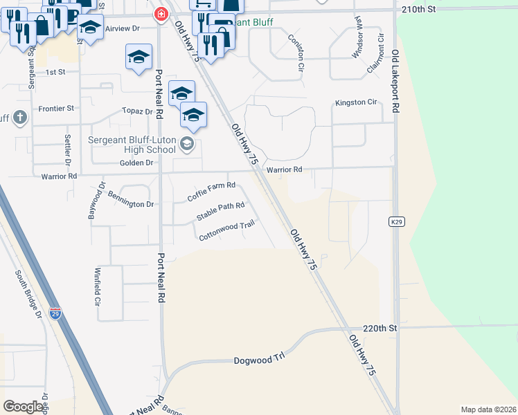 map of restaurants, bars, coffee shops, grocery stores, and more near 905 Coffie Farm Road in Sergeant Bluff