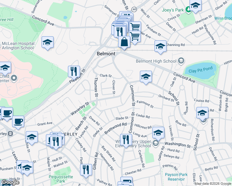 map of restaurants, bars, coffee shops, grocery stores, and more near 15 Clover St in Belmont