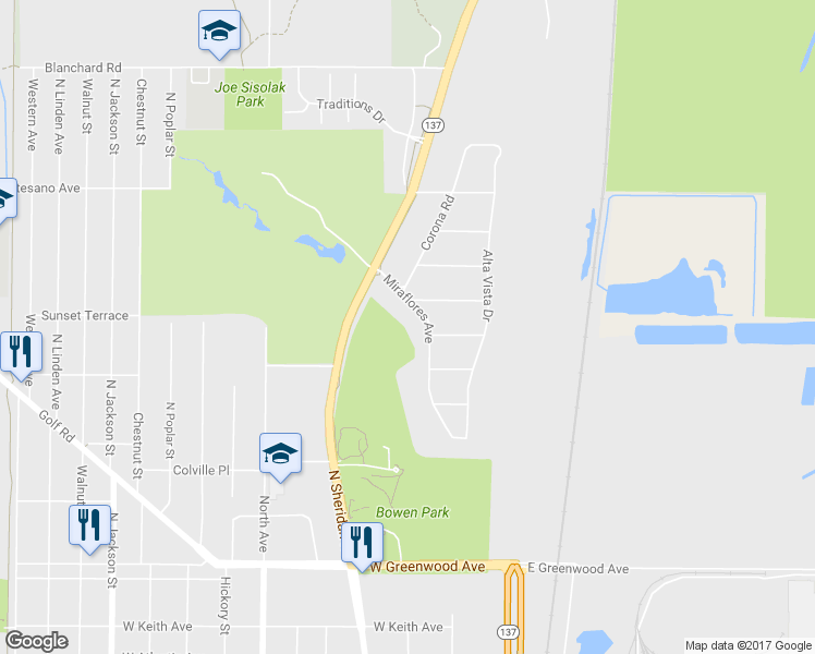 map of restaurants, bars, coffee shops, grocery stores, and more near 2126 Miraflores Avenue in Waukegan