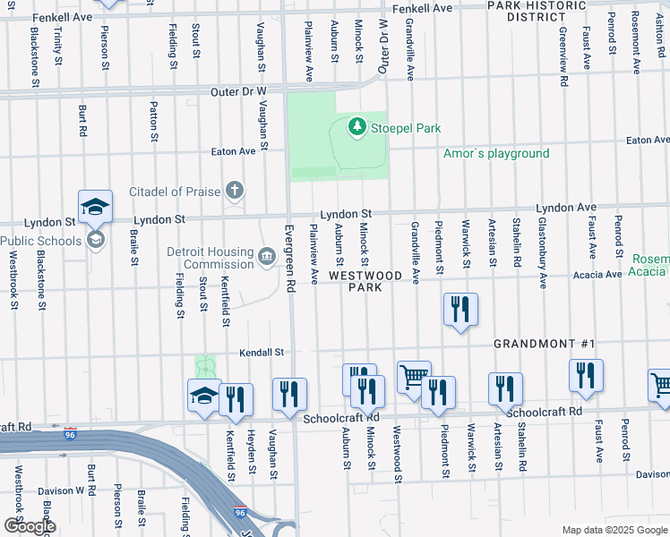 map of restaurants, bars, coffee shops, grocery stores, and more near 14331 Auburn Street in Detroit