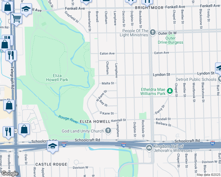map of restaurants, bars, coffee shops, grocery stores, and more near 22773 North Kane Street in Detroit
