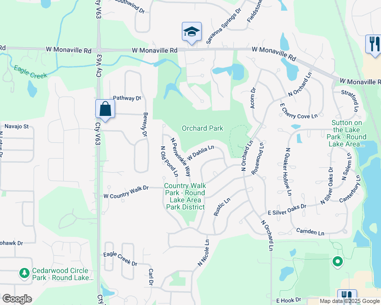 map of restaurants, bars, coffee shops, grocery stores, and more near 84 West Dahlia Lane in Round Lake Beach