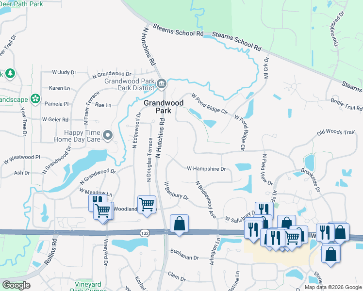 map of restaurants, bars, coffee shops, grocery stores, and more near 18208 West Banbury Drive in Gurnee